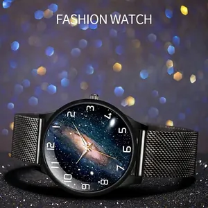 Men's luminous quartz watch with starry sky dial and black mesh stainless steel band