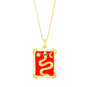 18k gold plated tarot card necklace with red enamel snake pendant and clear crystals
