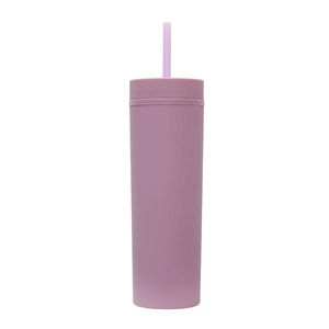Close-up of matte pink-purple double-walled plastic 16oz tumbler with straw and lid