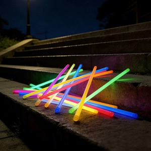Close-up of vibrant multi-colored glowing sticks on stone steps for night events