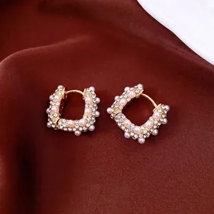 Boucles D'Oreilles Créoles En Forme De U En Cuivre Plaqué Or Avec Imitation Künstliche Perle Et Strass Luxe Vintage Français