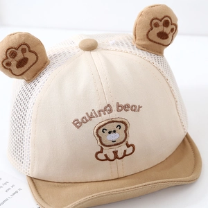 Breathable baby baseball cap with 3D bear ears and Baking Bear embroidery in beige