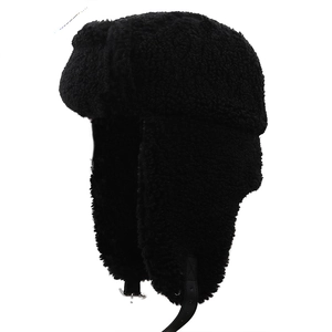 Winter black faux lamb wool trapper hat with warm ear flaps and adjustable buckle strap