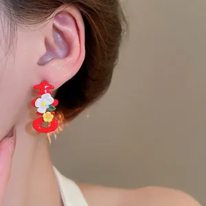 Chinese style red floral earrings with Xi character and small blossoms for women