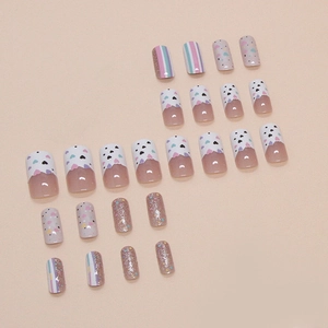 Set of 24 press-on nails with sweet heart patterns, stripes and pink glitter designs