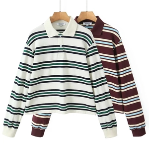 Haut Polo Rayé Et Mini Jupe Plissée Couleur Contrastée Coupe Ample Preppy Streetwear Casual Polyester Femmes