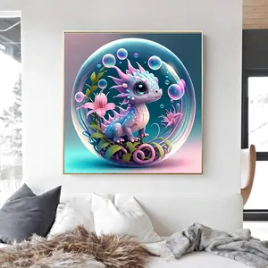 Macro detail of square dragon diamond painting in modern living room setting