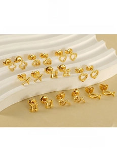 Detailed showcase of multiple 18K gold-plated heart and clover stainless steel stud earrings