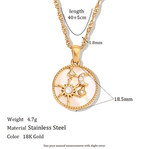 Detail of 18K gold plated stainless steel sun and moon pendant with size specifications