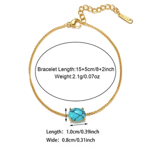 Detailed view of golden bracelet with turquoise stone, including size and weight specs