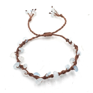 Handmade brown braided rope bracelet with light blue prehnite stones and adjustable drawstring