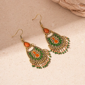 Bohemian vintage gold drop earrings with resin stones and colorful beaded tassels