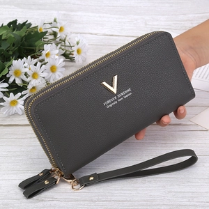 Deep grey double-zipper long wallet for women with litchi texture and wrist strap
