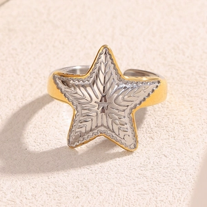 Vintage style stainless steel starfish open ring in two-tone gold and silver finish