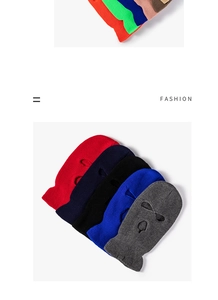 Close-up of knit texture and three-hole eye openings on various colored ski masks
