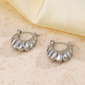 French vintage silver stainless steel C-shaped hoop earrings with textured finish