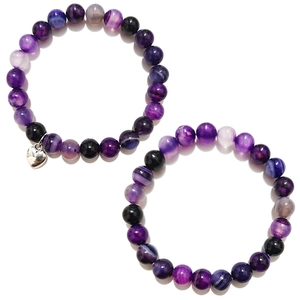 Bracelet En Perles D'Agate Rayée Pierre Naturelle Perles Violettes Noires Avec Pendentif Coeur En Alliage Pour Couples Cadeau