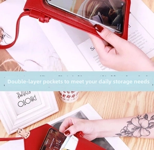 Close-up of red lychee grain PU leather crossbody phone bag with transparent touch screen window