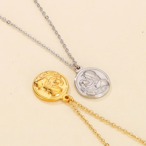 Retro stainless steel round pendant necklaces in gold and silver finishes