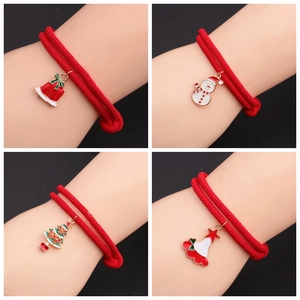 Christmas Red Rope Bracelet Alloy Enamel Snowman Tree Bell Charms Adjustable Holiday Jewelry Women