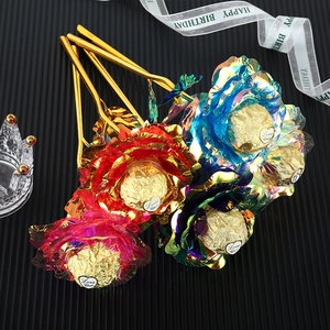 Close-up of 24k gold foil colorful roses with Love Cheer heart sticker and crown detail