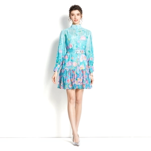 Short floral print dress with lantern sleeves, high stand collar and matching waist belt