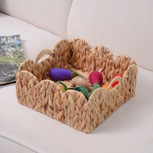 Handgeweven Waterhyacint Opbergmand Met Handgrepen Gegolfde Rand Desktop Fruitmand Organisator Japanse Stijl