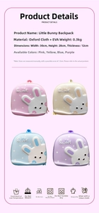 Detail showing pink rabbit eggshell backpack dimensions 30x28x12cm and 0.3kg weight