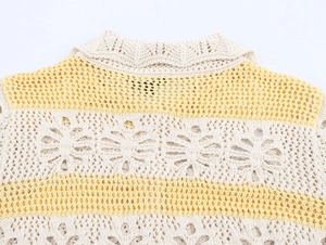 Detail of crochet hollow knit top featuring yellow and cream stripes with floral patterns
