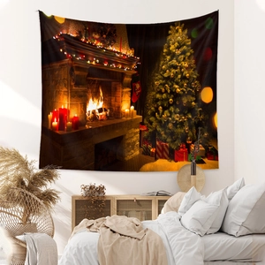 Detail view of large Christmas tapestry showing warm fireplace and tree in a bedroom