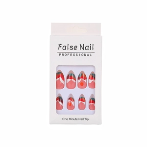 Short round press-on nails with sunset pattern landscape design in pink and blue