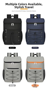 Detail of insulated backpacks in four colors with elastic cords and mesh side pockets