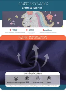Detail of unicorn embroidery with sequins on dark blue cotton mesh princess dress