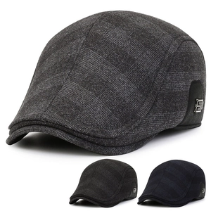 Men's Ivy Cap Plaid Woolen Winter Warm Flat Cap With Ear Flaps Vintage Adjustable Cabbie Hat