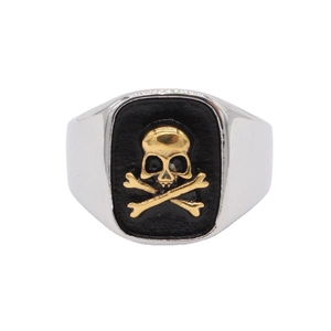 Retro punk skull and crossbones ring in silver and gold steel for men, top view