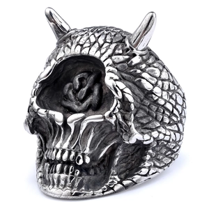 Detailed close-up of retro punk skull ring featuring horn accents and scale textures