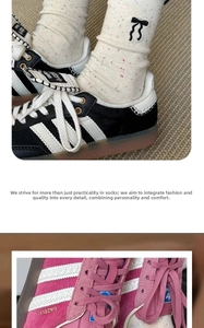 Detail of knit crew socks with embroidery paired with classic gazelle sneakers