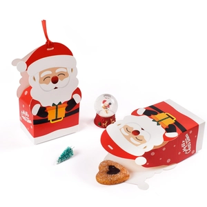 Santa Claus themed red Christmas gift box with Merry Christmas text and red ribbon handle