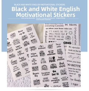 Detailed view of black and white inspirational quote stickers for scrapbooking and journals