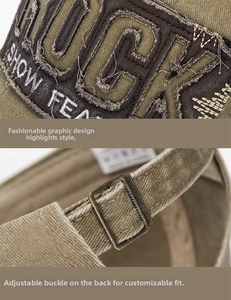 Détail macro d'une casquette vintage avec broderie Luck et boucle de réglage en métal