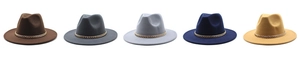 Detail of wool fedora hats in five colors with golden chain bands for autumn and winter