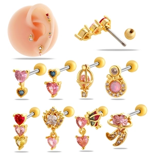 Colorful Zircon Heart Butterfly Ear Cartilage Studs Stainless Steel Screw Back Helix Earrings For Women Jewelry