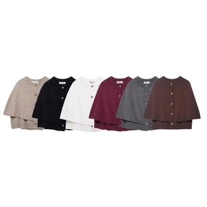 Women Knit Poncho Cape Cardigan Single Breasted Round Neck Double Layered Casual Chic Elegant Outerwear