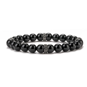 Men's 8mm beaded bracelet with black agate tiger eye stones and skull silver charms