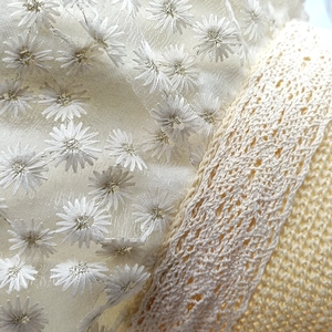 Close-up of white daisy embroidery on sheer mesh and delicate beige lace trim detail