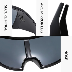 Detailed view of secure hinges and curved legs on black wrap-around sport sunglasses