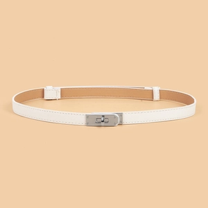 Detail of white cross-grain leather belt showing silver swivel lock buckle and fine texture
