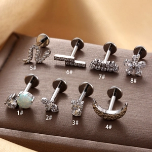 Titanium cartilage stud earrings set with zircon and opal in diverse geometric shapes