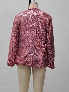 Detailed back view of pink sequin blazer featuring high-quality shimmer and texture