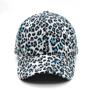 Leopard print baseball cap with blue patterns and a curved brim for women fashion